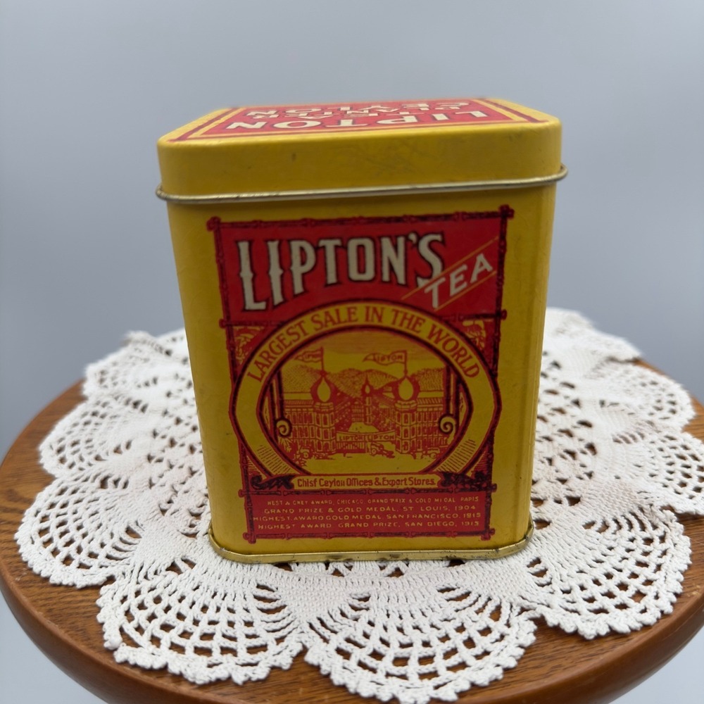 Vintage Lipton Tea Tin Bristol Ware Ceylon Tea Planter Yellow Metal Canister